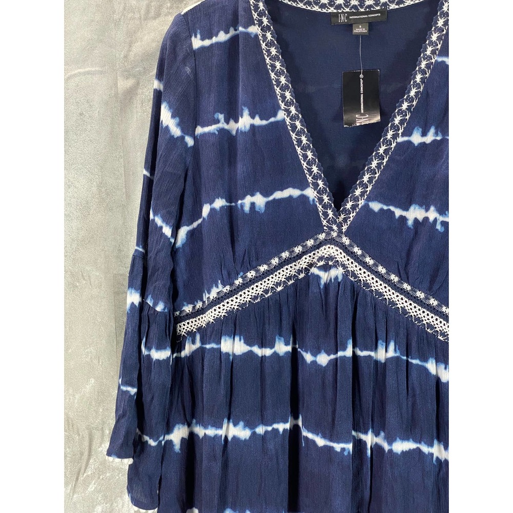 INC International Women's Fiona Tie-Dye V-Neck 3/4 Sleeve Crochet Mini Dress SZS - Picture 4 of 12